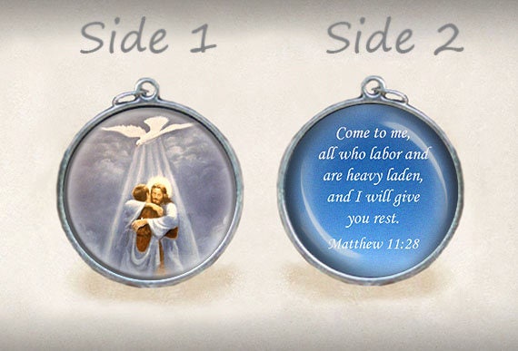 Bible Quote Medal Matthew 11:28 Catholic Medal Jesus Hugging Girl or Boy