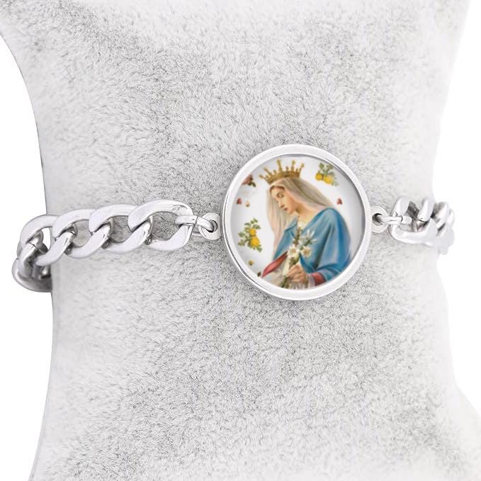 Our Lady Crown Regina Curb Bracelet Gold or Silver tone Religious Jewelry Simple Chain