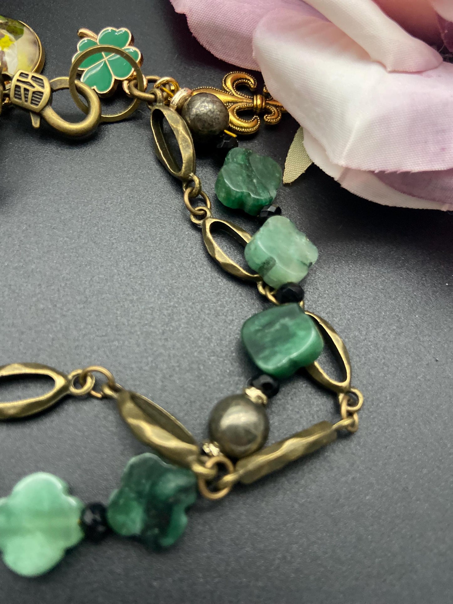 St Dymphna Catholic Bracelet with Emerald Clover Beads Fleur-de-lis