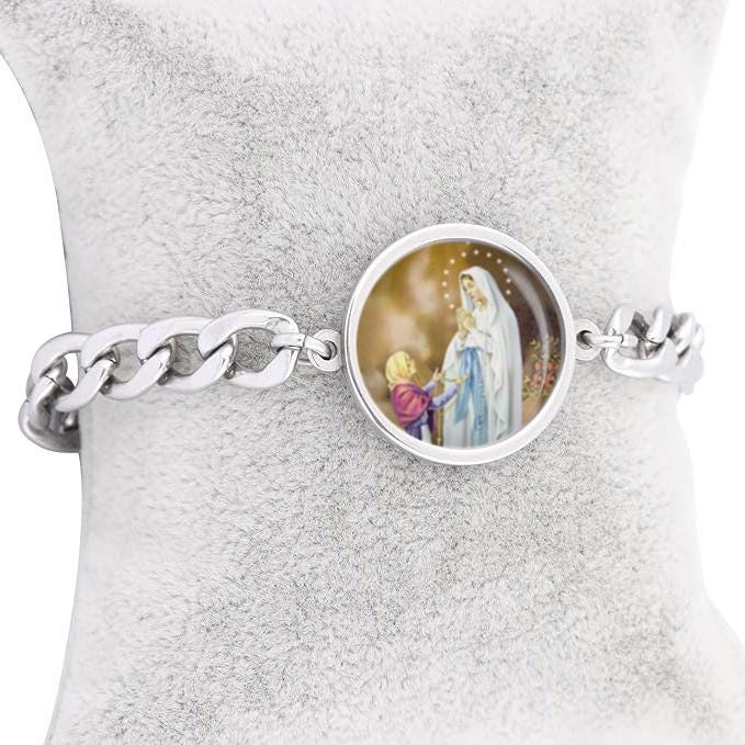 Our Lady Lourdes Curb Bracelet Gold or Silver tone Religious Jewelry Simple Chain