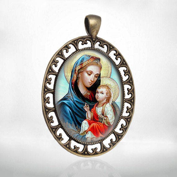Virgin Mary with Child Jesus Catholic Bronze Tone Medal Pendant Jewelry