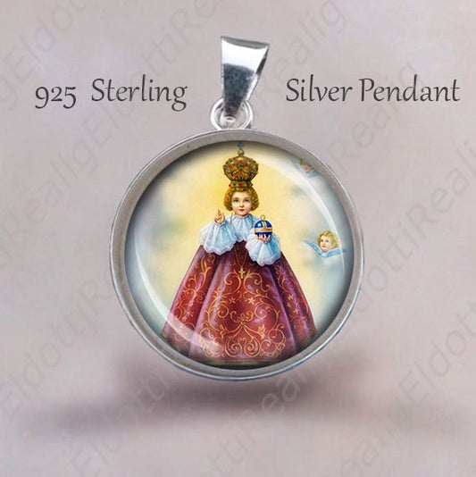The Infant Jesus of Prague Religious Christian Medal. Sterling Silver 925 Pendant 20mm. Necklace Medal