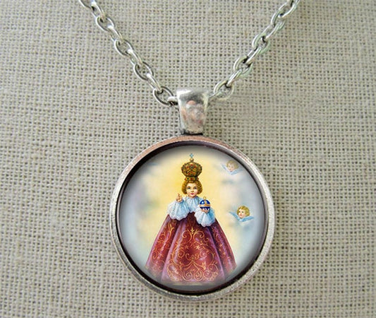 Holy Infant Jesus of Prague Necklace. Catholic Religious Pendant. Christian Necklace Jesus Medal Approx. Nickel size