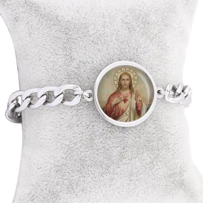 Jesus Sacred Heart Curb Bracelet Gold or Silver tone Religious Jewelry Simple Chain