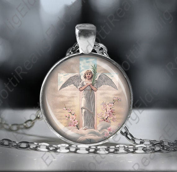 Angel Easter Crucifix Necklace Heaven Flowers - Religious Jewelry Medal Pendant.