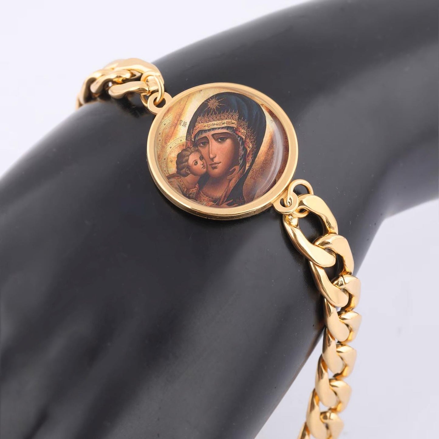 Our Lady Mother Of Jesus Curb Bracelet Gold or Silver tone Religious Jewelry Simple Chain