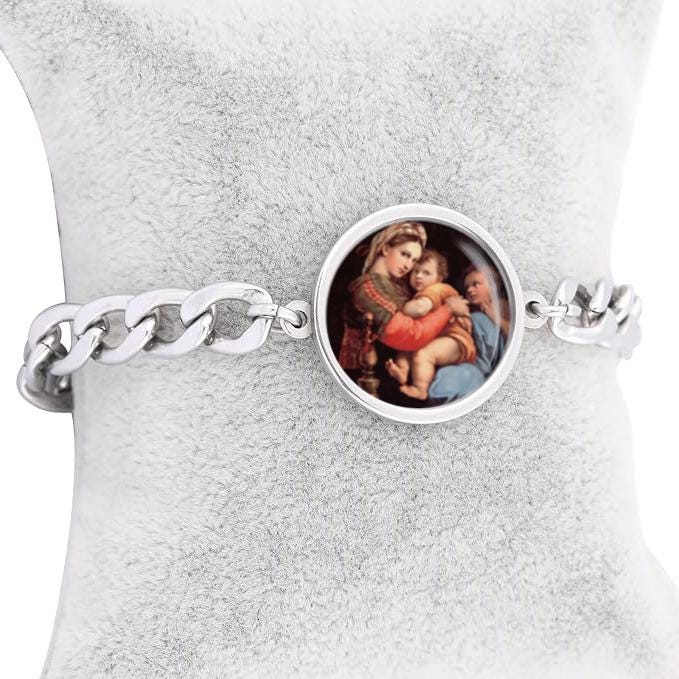 Our Lady Madonna Sistine Curb Bracelet Gold or Silver tone Religious Jewelry Simple Chain