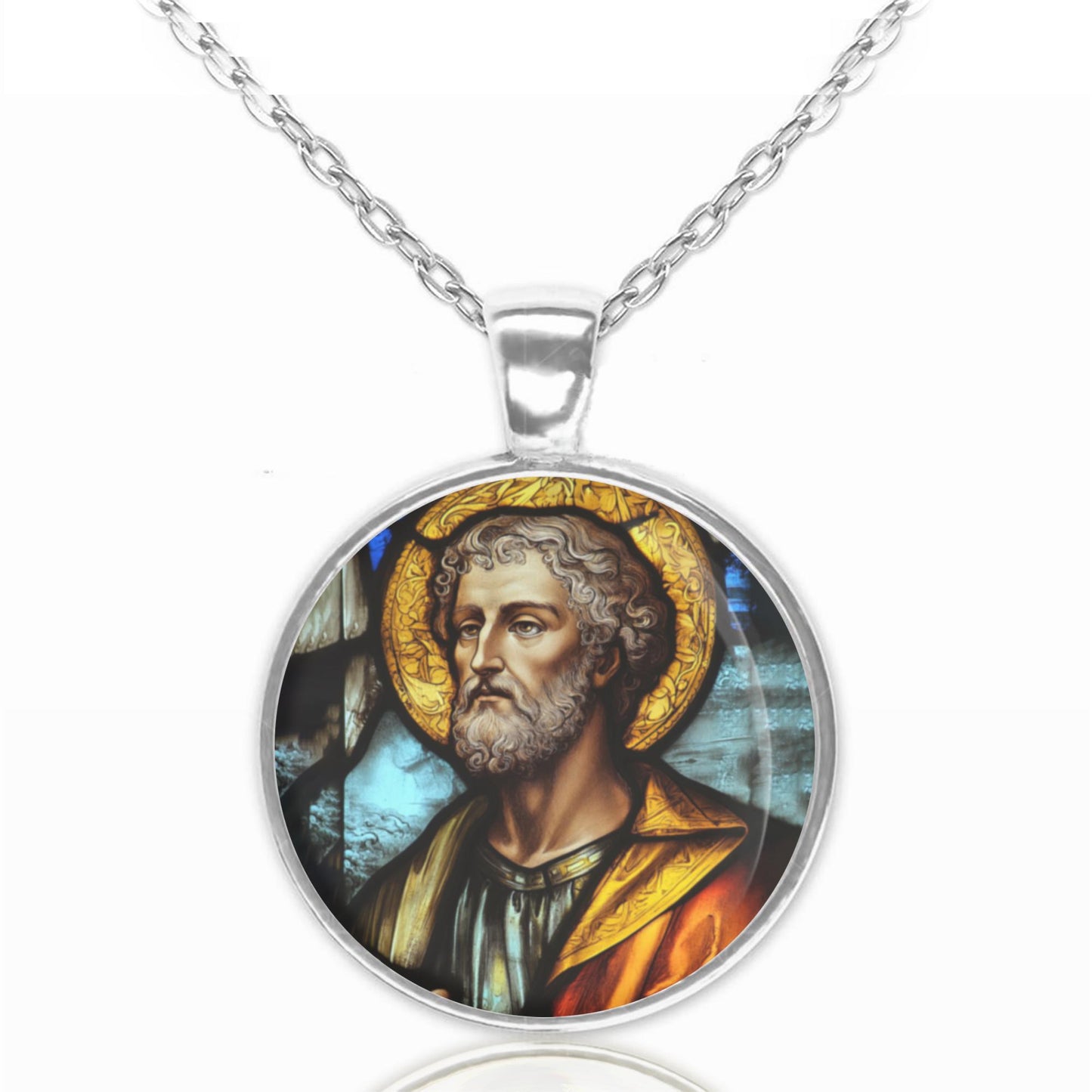 Saint Joseph Art Glass Necklace Medal Religious Pendant Bronze Silver