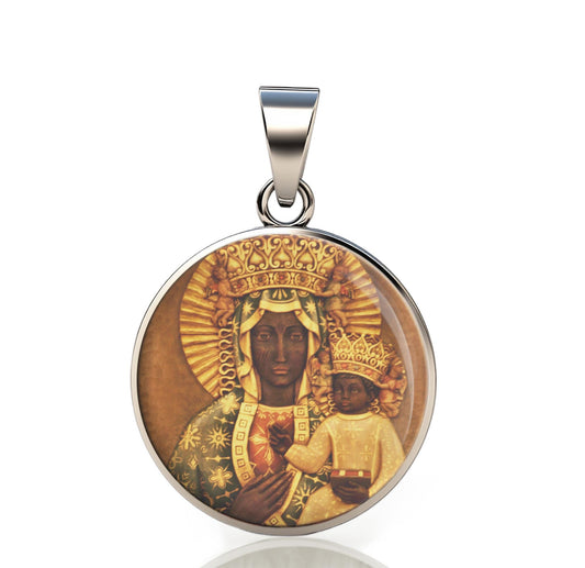 Our Lady Czestochowa 925 Sterling Silver Round Pendant Christian Religious Medal Small 20mm