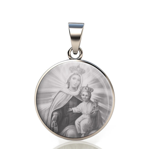 Our Lady Carmel III 925 Sterling Silver Round Pendant Christian Religious Medal Small 20mm