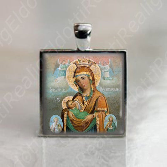 Milk-bearing Icon of Mother of God Virgin Mary Milk-Giver Eastern Orthodox Silvertone Miraculous Medal 25mm Pendant
