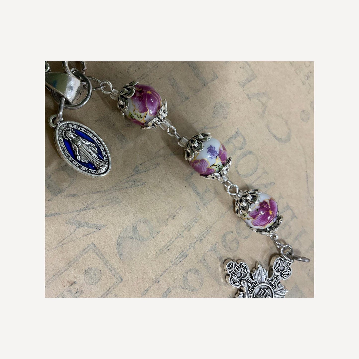 Miraculous Medal Three Hail Mary Chaplet Our Lady Rosa Mystica With Stunning Ceramic Floral beads Devotional Medal Crucifix and Keychain