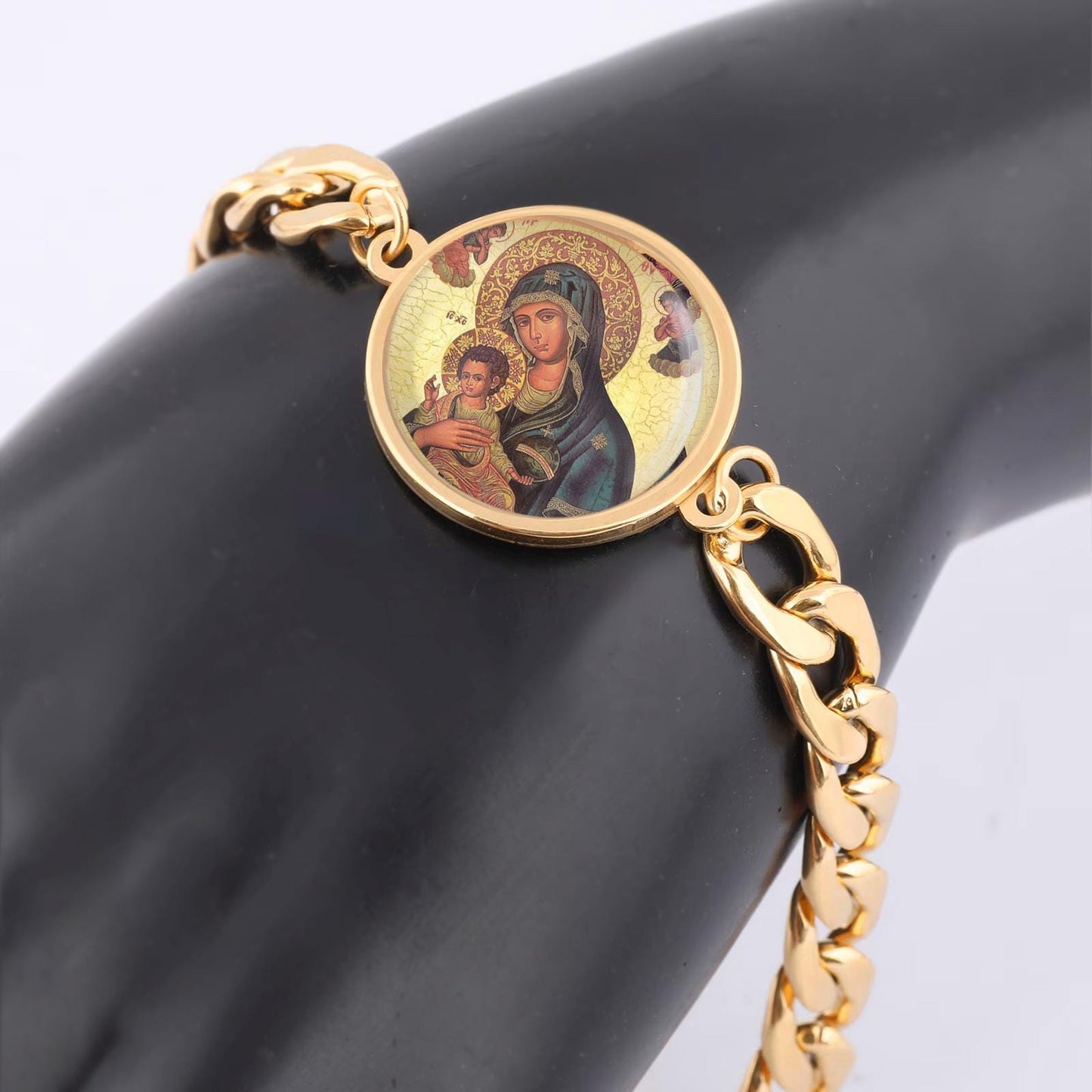 Our Lady Greek Orthodox Virgin Mary Icon Curb Bracelet Gold or Silver tone Religious Jewelry Simple Chain
