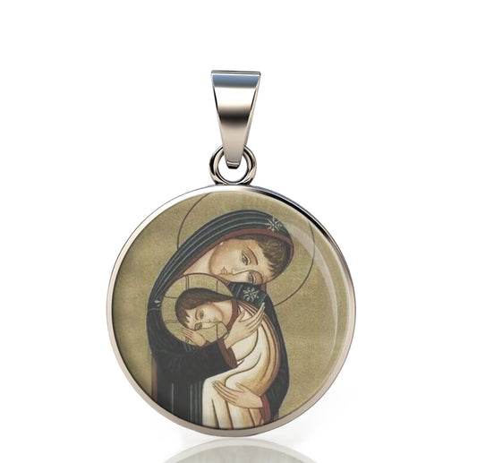 Our Lady Mary And Baby Jesus 925 Sterling Silver Round Pendant Christian Religious Medal Small 20mm