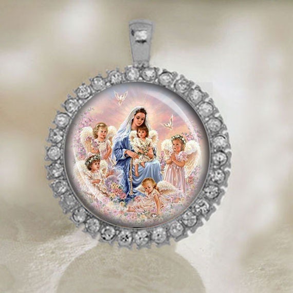 Blessed Mother Virgin Mary and Angels Religious Christian Catholic Gold / Silver Medal Pendant Jewelry