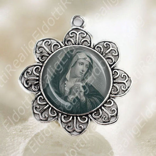 Mater Dolorosa Our Lady Sorrows Medal Flower Shaped Silver Tone Catholic Jewelry