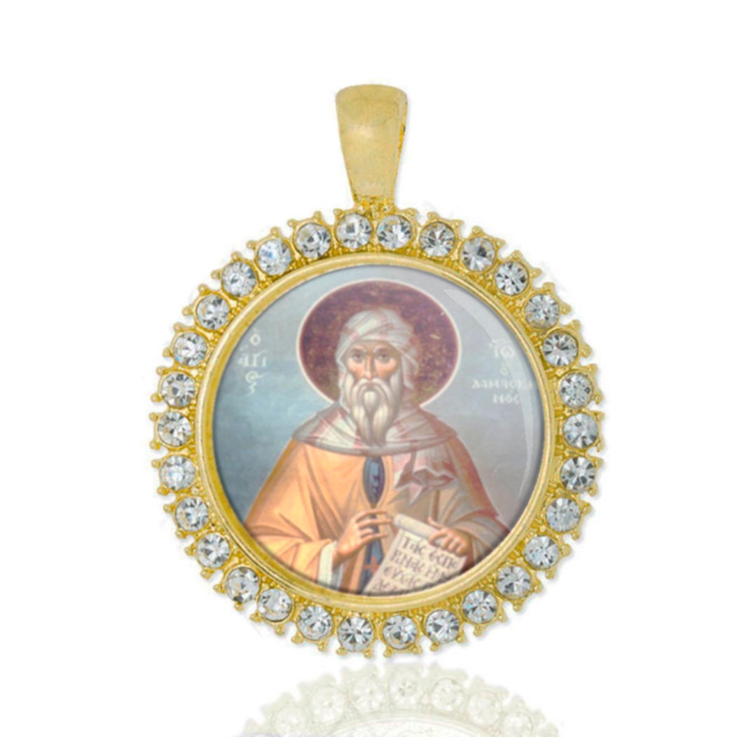 Saint John of Damascus Gold Tone with Rhinestones Religious Pendant Medal