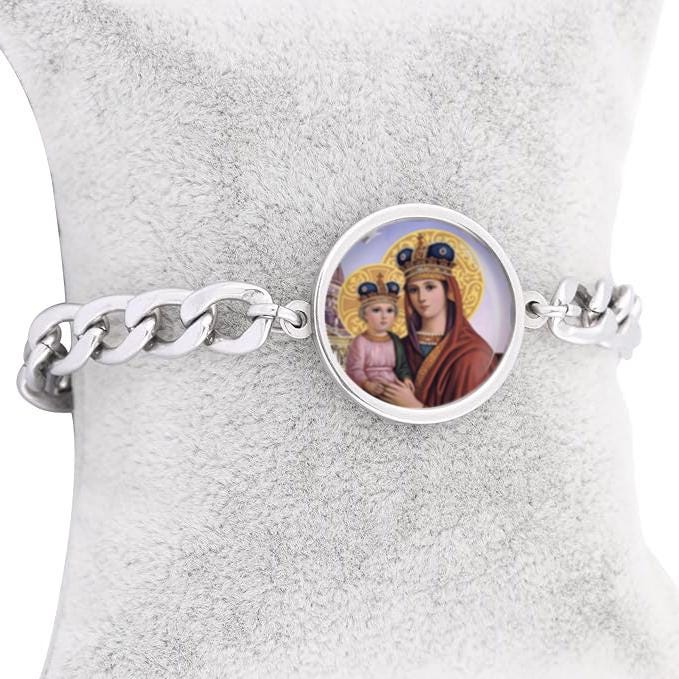 Our Lady Queen Mary Curb Bracelet Gold or Silver tone Religious Jewelry Simple Chain