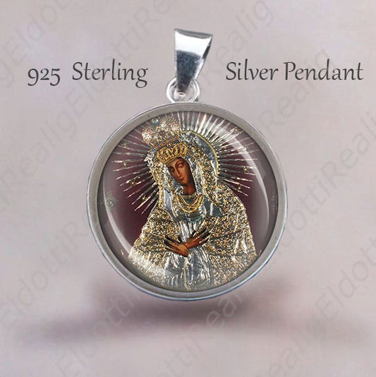 Our Lady of the Gate of Dawn Vilnius Catholic Medal. Sterling Silver 925 Pendant 20mm. Black Madonna Mary Silver Medal For Necklace