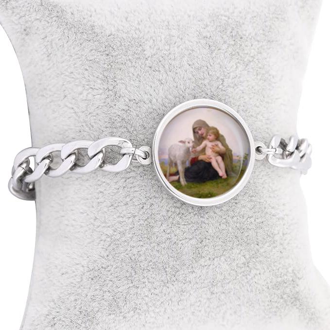 Our Lady Lamb Curb Bracelet Gold or Silver tone Religious Jewelry Simple Chain