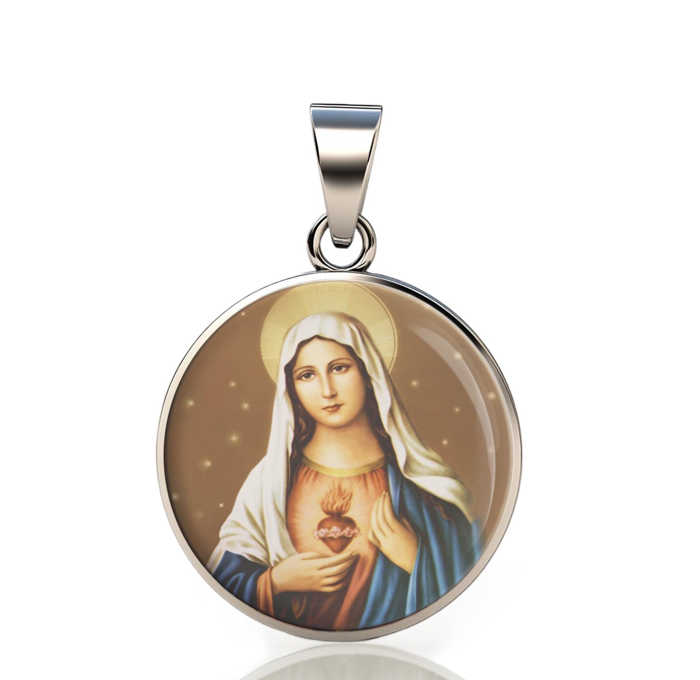 Our Lady Immaculate Heart Of Blessed Virgin Mary 925 Sterling Silver Round Pendant Christian Religious Medal Small 20mm