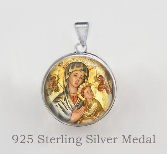 Our Mother of Perpetual Help Religious Christian Medal. Sterling Silver 925 Christian Virgin Mary Pendant