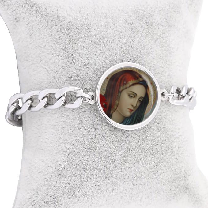 Our Lady Tears Sorrowful Mary Curb Bracelet Gold or Silver tone Religious Jewelry Simple Chain