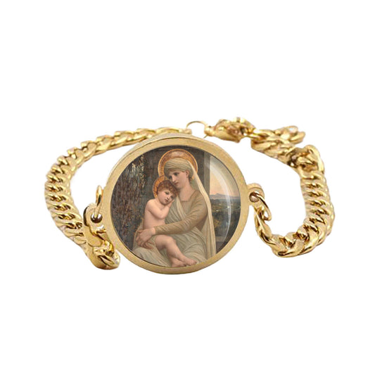 Our Lady Madonna And Child Napoleone Parisani Curb Bracelet Gold or Silver tone Religious Jewelry Simple Chain
