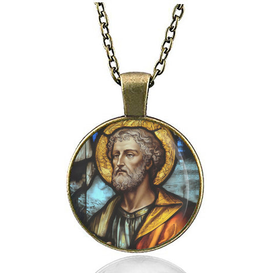 Saint Joseph Art Glass Necklace Medal Religious Pendant Bronze Silver