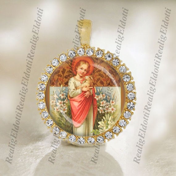 Child Jesus Good Shepherd w Lamb Catholic Christian Gold Tone Medal Pendant