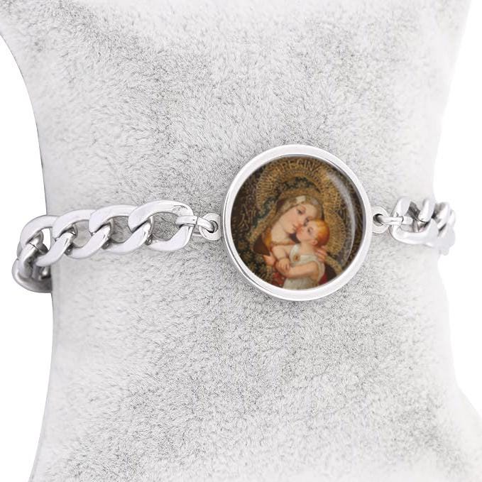 Our Lady Mary Icon Curb Bracelet Gold or Silver tone Religious Jewelry Simple Chain
