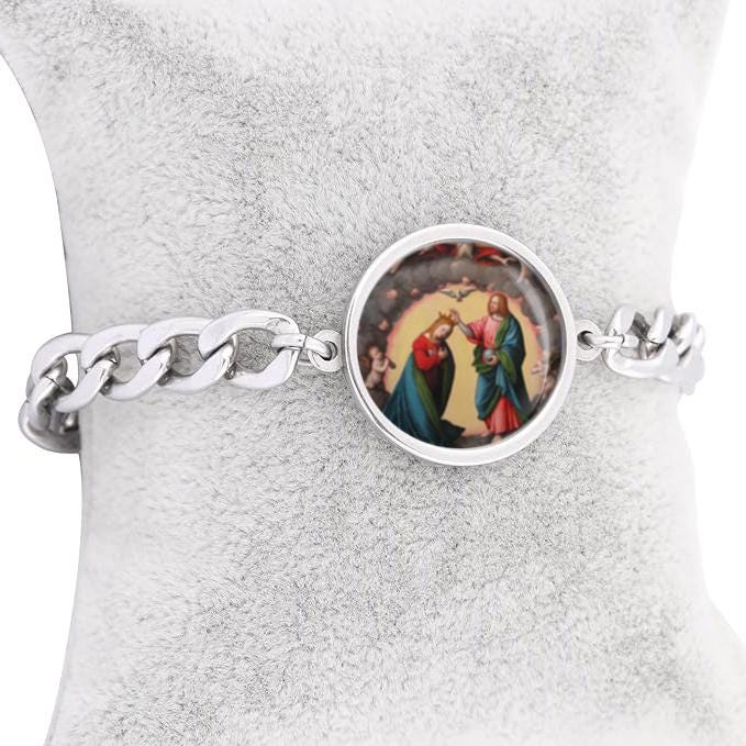 Our Lady Coronation Of The Virgin (Giovanni Battista) Curb Bracelet Gold or Silver tone Jewelry Stainless Steel