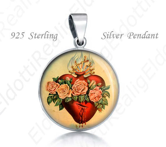 Mary Immaculate Heart w Roses Silver Pendant. Religious Christian 925 Silver Medal Round 20mm Sorrowful Seven Swords