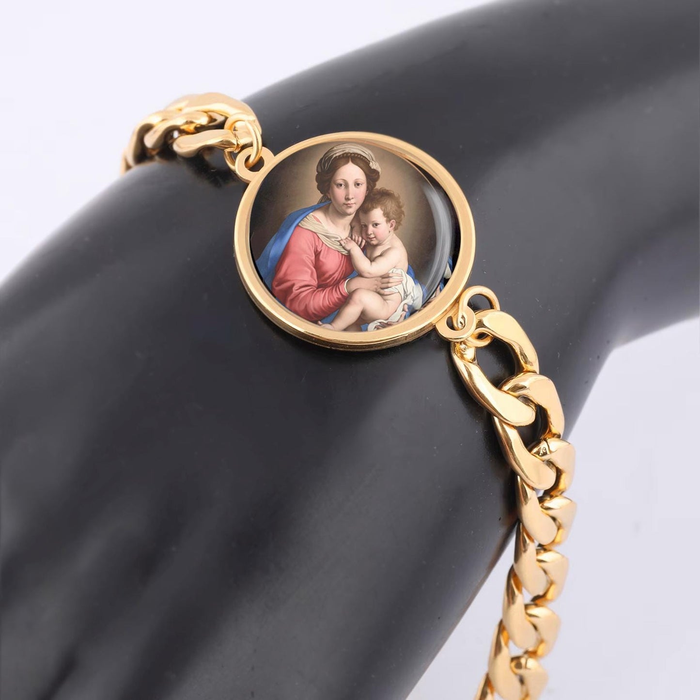Our Lady Mother Mary And Baby Curb Bracelet Gold or Silver tone Religious Jewelry Simple Chain