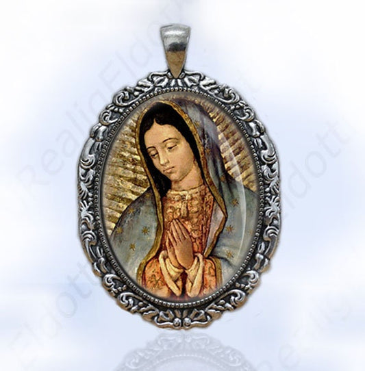 Our Lady of Guadalupe Nuestra Senora de Guadalupe Religious Catholic Christian Medal Pendant Oval Silver Jewelry