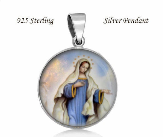 Our Lady of Medjugorje Religious Christian Pendant. Sterling Silver 925 Medal 20mm. Religious Christian Jewelry