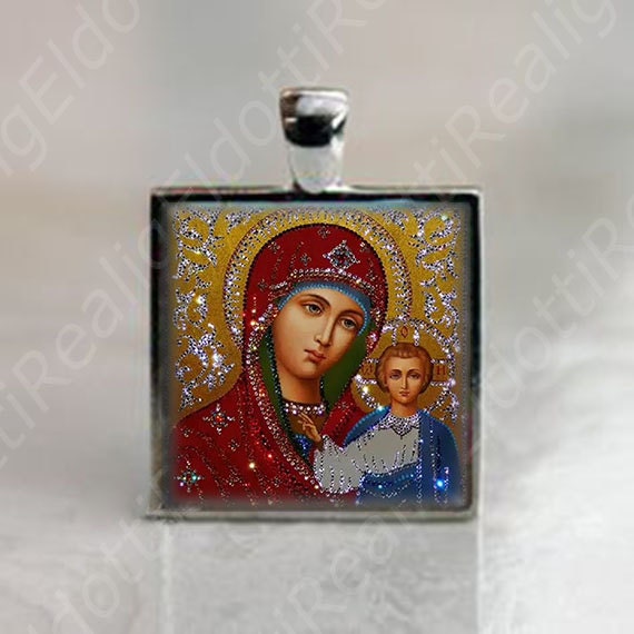 Orthodox Icon Mother Mary in Red and Baby Jesus in Blue Square Medal Silvertone Pendant Christian Religious Jewelry