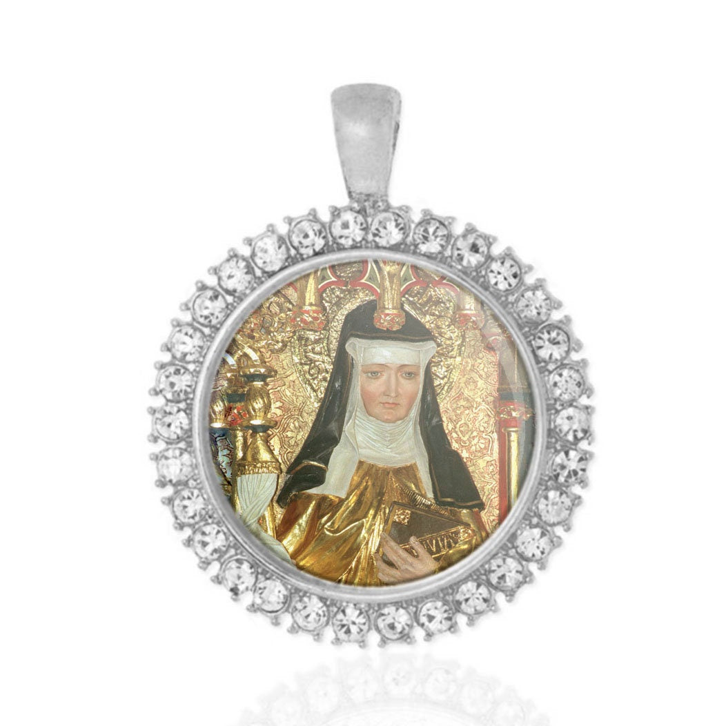 St. Hildegard of Bingen Catholic Silver Tone Medal Pendant with Rhinestones