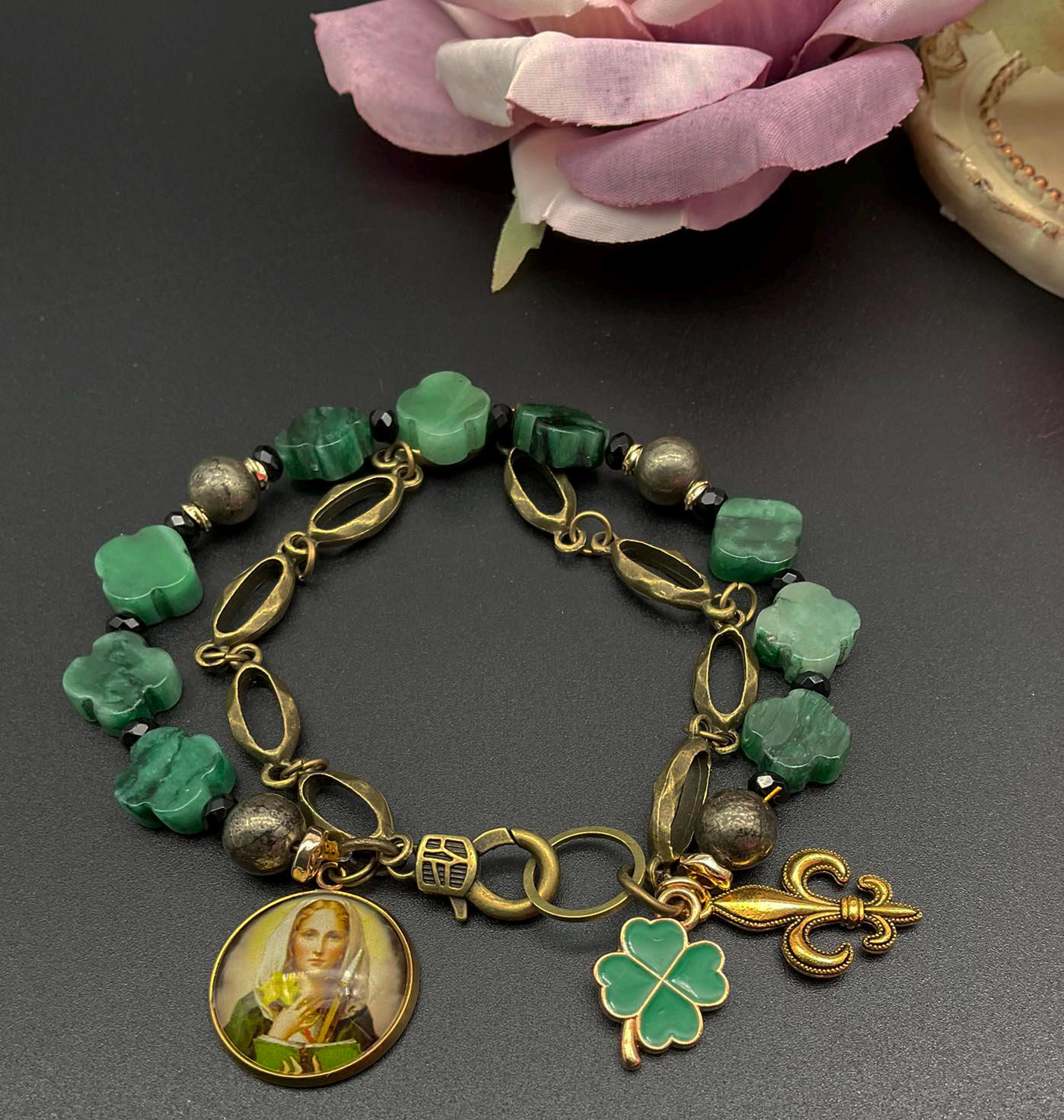 St Dymphna Catholic Bracelet with Emerald Clover Beads Fleur-de-lis