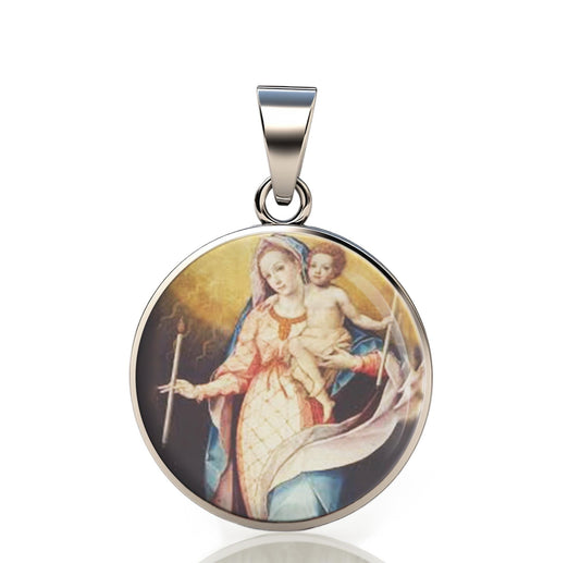 Our Lady Candelaria Catholic Mary 925 Sterling Silver Round Pendant Christian Religious Medal Small 20mm
