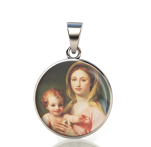 Our Lady Madonna And Child Anton Raphael Mengs 925 Sterling Silver Round Pendant Christian Religious Medal Small 20mm
