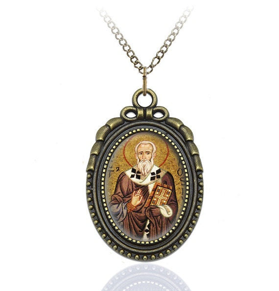 St Ambrose of Milan Necklace Pendant Jewelry Medal Oval Brass Pendant Style Charm