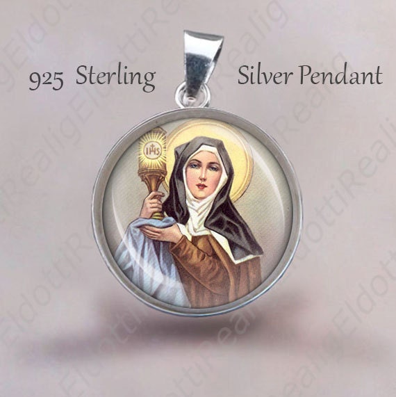 St. Clare of Assisi Religious Christian Pendant.  Sterling Silver 925 Pendant 20mm. Italian Saint Silver Medal Necklace