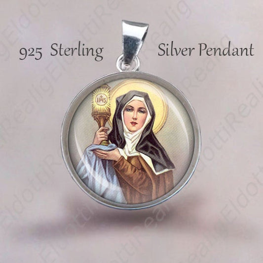 St. Clare of Assisi Religious Christian Pendant.  Sterling Silver 925 Pendant 20mm. Italian Saint Silver Medal Necklace