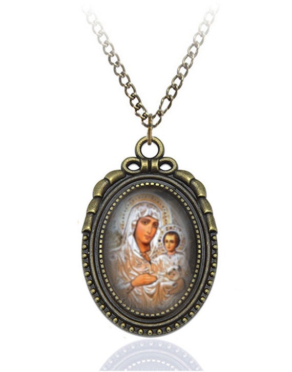 Most Holy Lady of Jerusalem Orthodox Necklace Bronze Virgin Mary Medal
