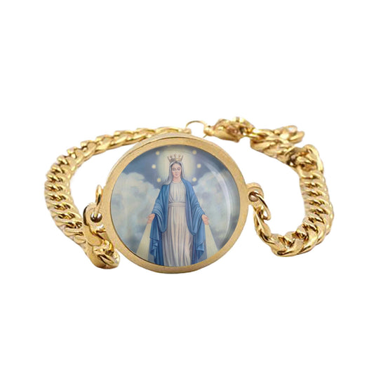 Our Lady Miraculous Mary Curb Bracelet Gold or Silver tone Religious Jewelry Simple Chain