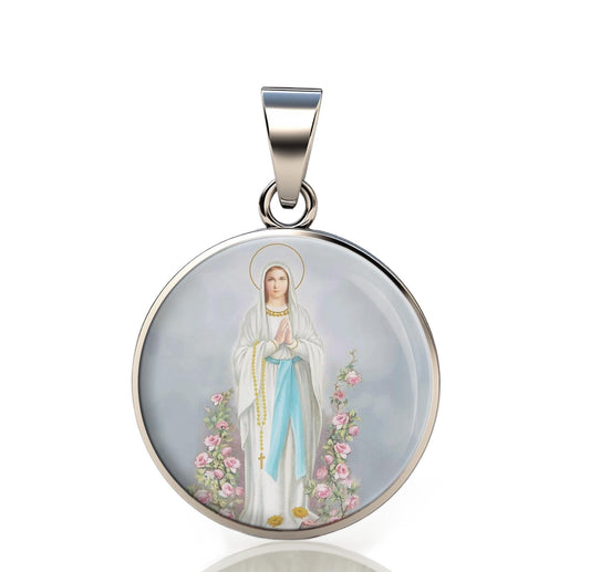 Our Lady Mary W Rosary 925 Sterling Silver Round Pendant Christian Religious Medal Small 20mm