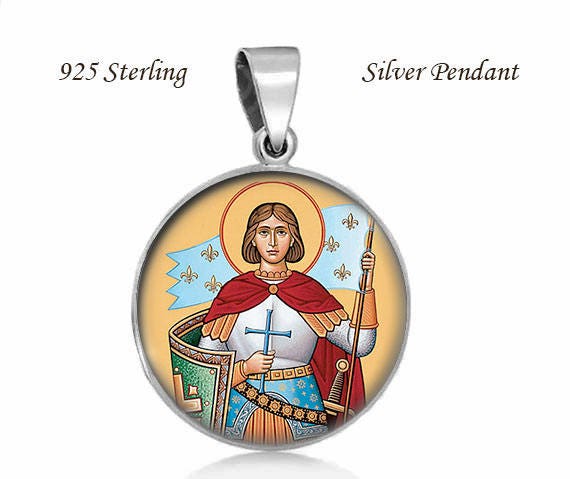 Saint Joan of Arc Religious Christian 925 Sterling Silver Medal Round 20mm Pendant