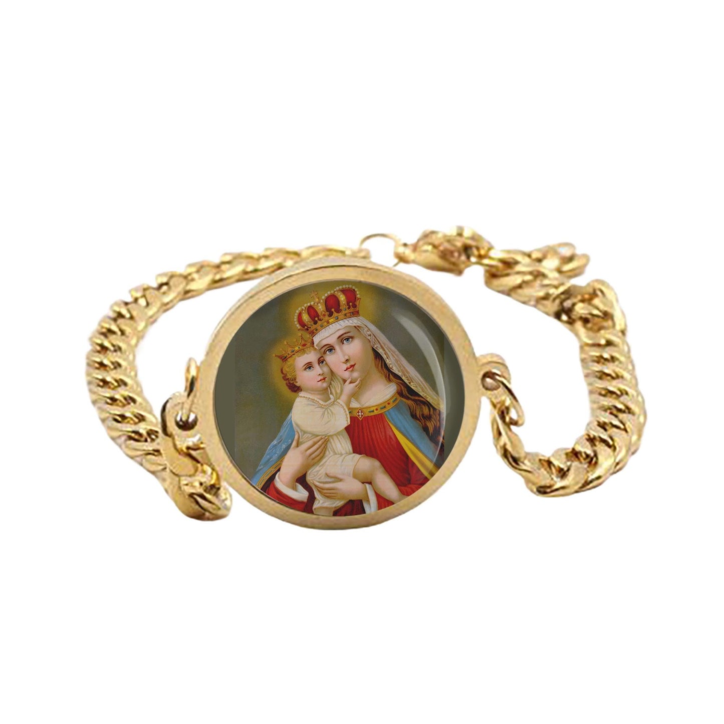 Our Lady Queenship Of Mary Mary Curb Bracelet Gold or Silver tone Religious Jewelry Simple Chain