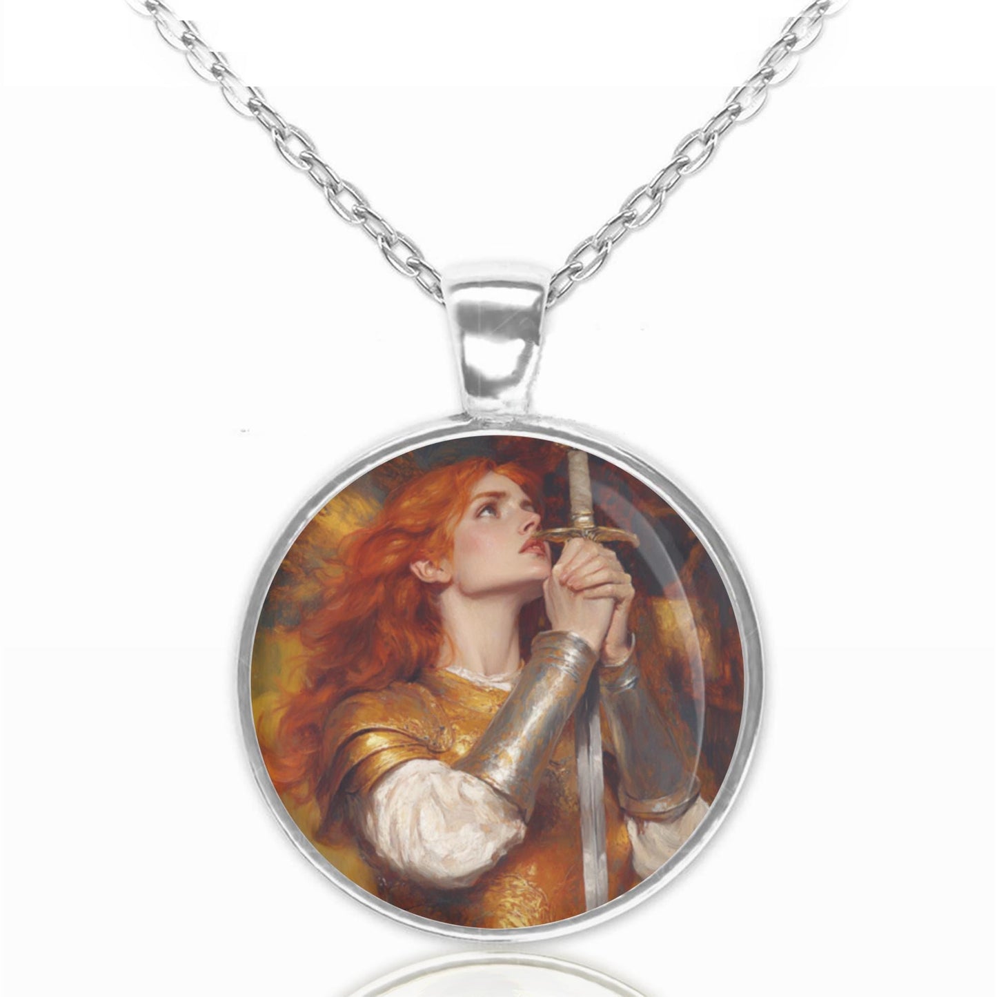St. Joan of Arc with Sword Religious Necklace Round Medal Silver Tone Pendant Chain